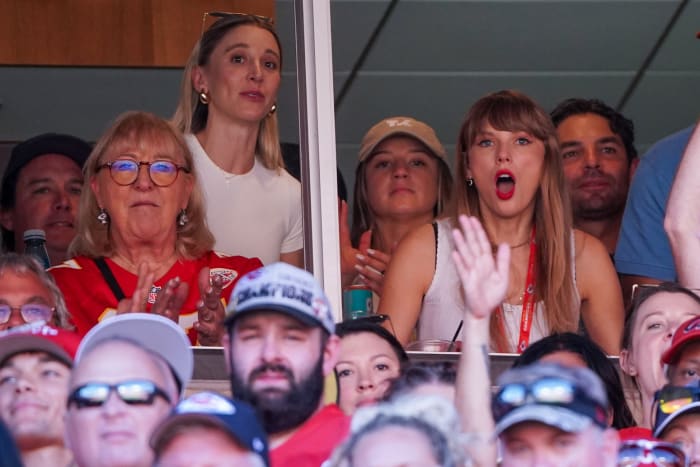 Sep 24, 2023; Kansas City, Missouri, USA; Taylor Swift reacts while watching the Kansas City Chiefs vs Chicago Bears game during the first half at GEHA Field at Arrowhead Stadium. Mandatory Credit: Denny Medley-USA TODAY Sports